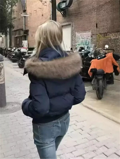 Fashion Women's Loose Short Down Cotton Jacket with Detachable Hat Fur Collar Parkas Winter Warm Thicken Snow Outerwear