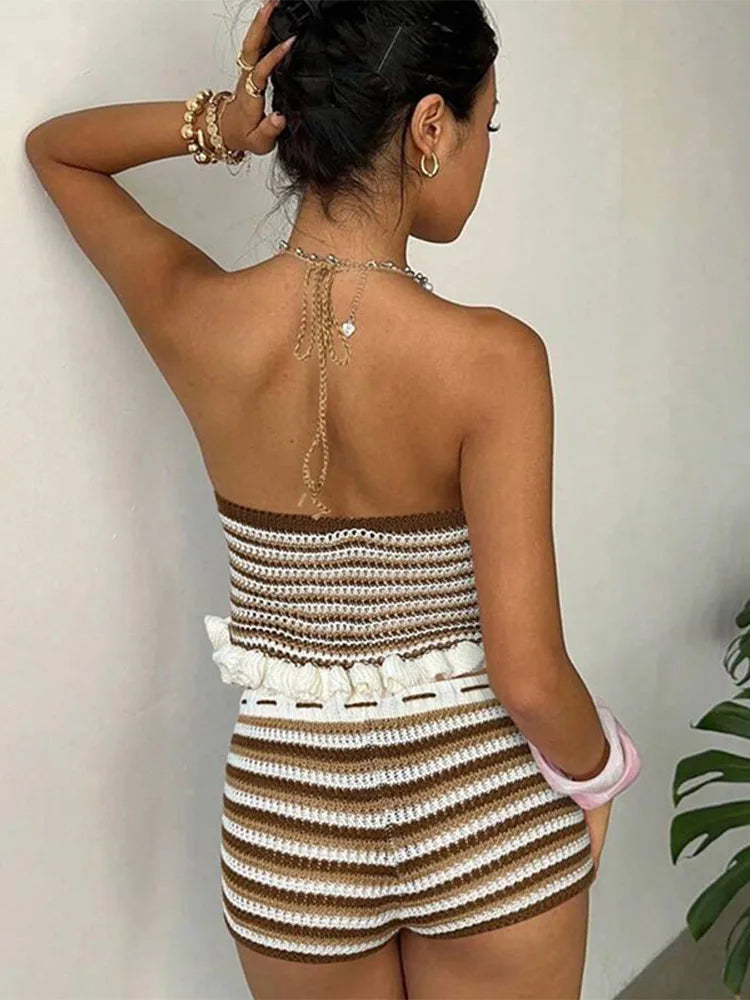 Sexy Knitted Beach Women Set Backless Deep V-neck Sleeveless Crop Top Shorts Suit 2026 Summer Holiday Stripe Lady Mini Pant Sets
