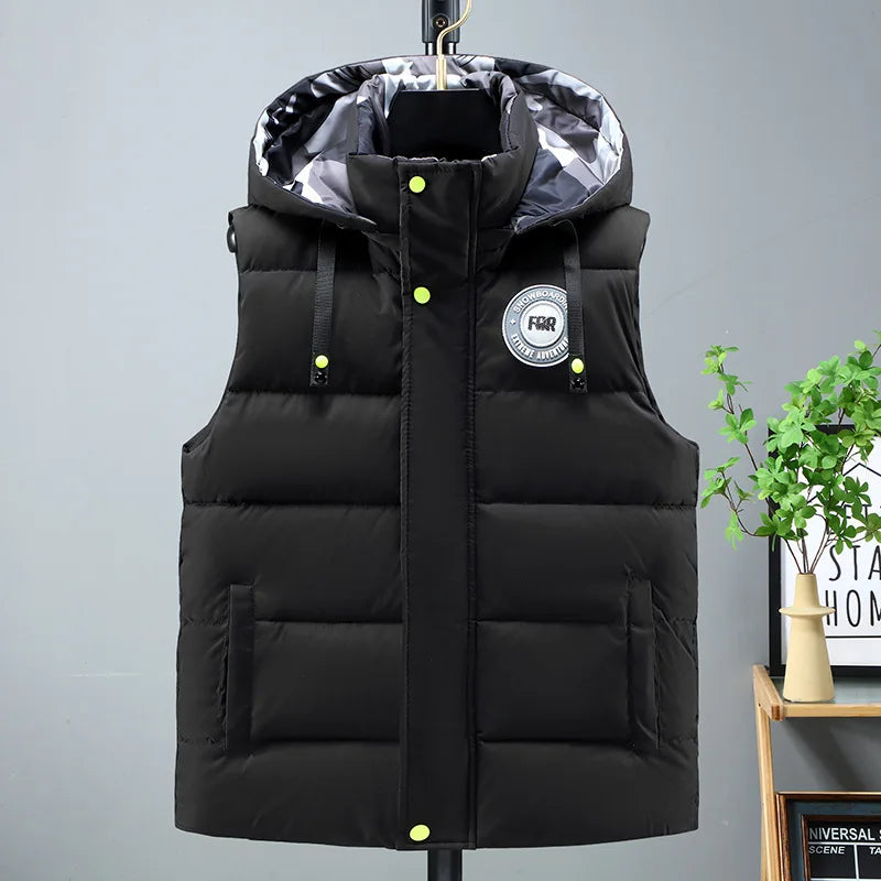 Gilet imbottito da uomo nero in cotone, giacca senza maniche con cappuccio staccabile, caldo invernale, cappotto spesso da uomo, taglia grande 5XL