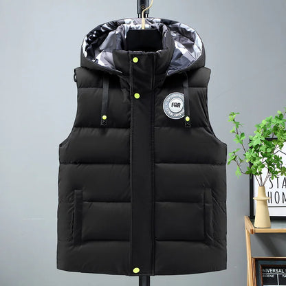 Gilet imbottito da uomo nero in cotone, giacca senza maniche con cappuccio staccabile, caldo invernale, cappotto spesso da uomo, taglia grande 5XL