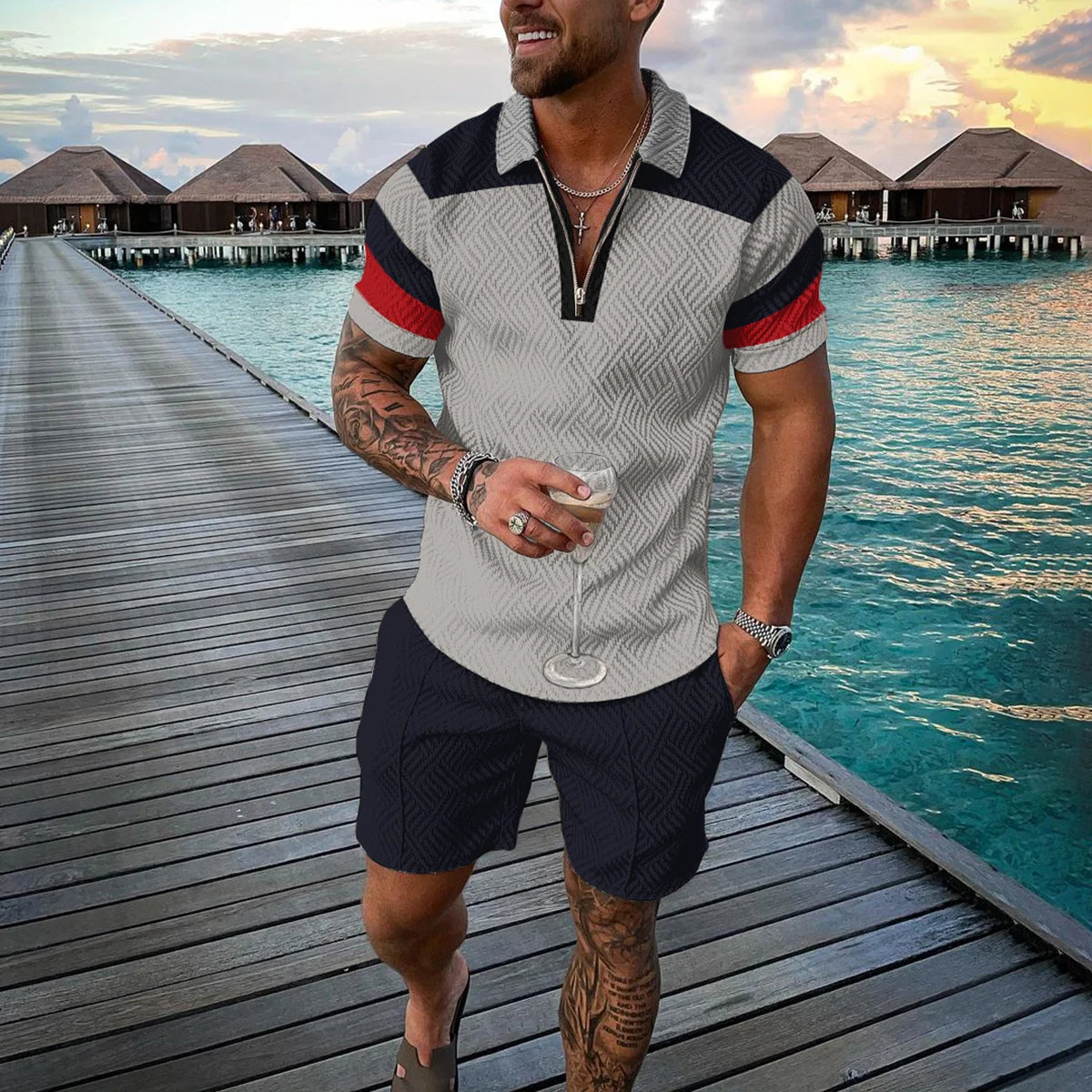 Completo estivo da uomo con stampa 3D, composto da polo con cerniera e pantaloncini, 2 pezzi, stile boho geometrico, abbigliamento per le vacanze.
