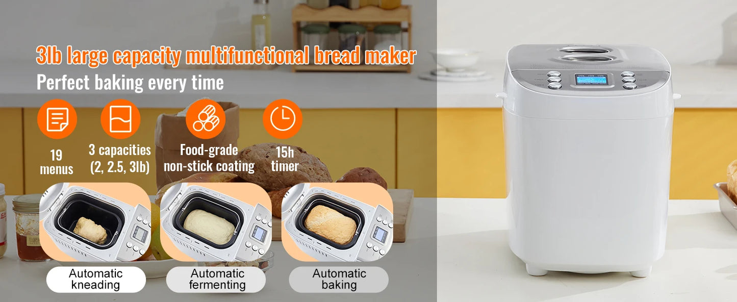 SucceBuy 2/3 LB Macchina per il pane Macchina per impastare 15 in 1 Teglia in ceramica antiaderente Macchina per il pane automatica con impostazione senza glutine