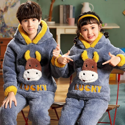 Pigiama invernale caldo per ragazzi con animali dei cartoni animati, set pigiama per bambini in pile di corallo, completo da casa in flanella con cappuccio, pigiama per ragazzi
