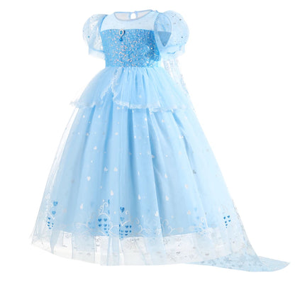 Abito da principessa Elsa per cosplay, blu, in rete con paillettes, per bambina, ideale per feste di compleanno, carnevale e Halloween, adatto a bambini dai 2 ai 10 anni.