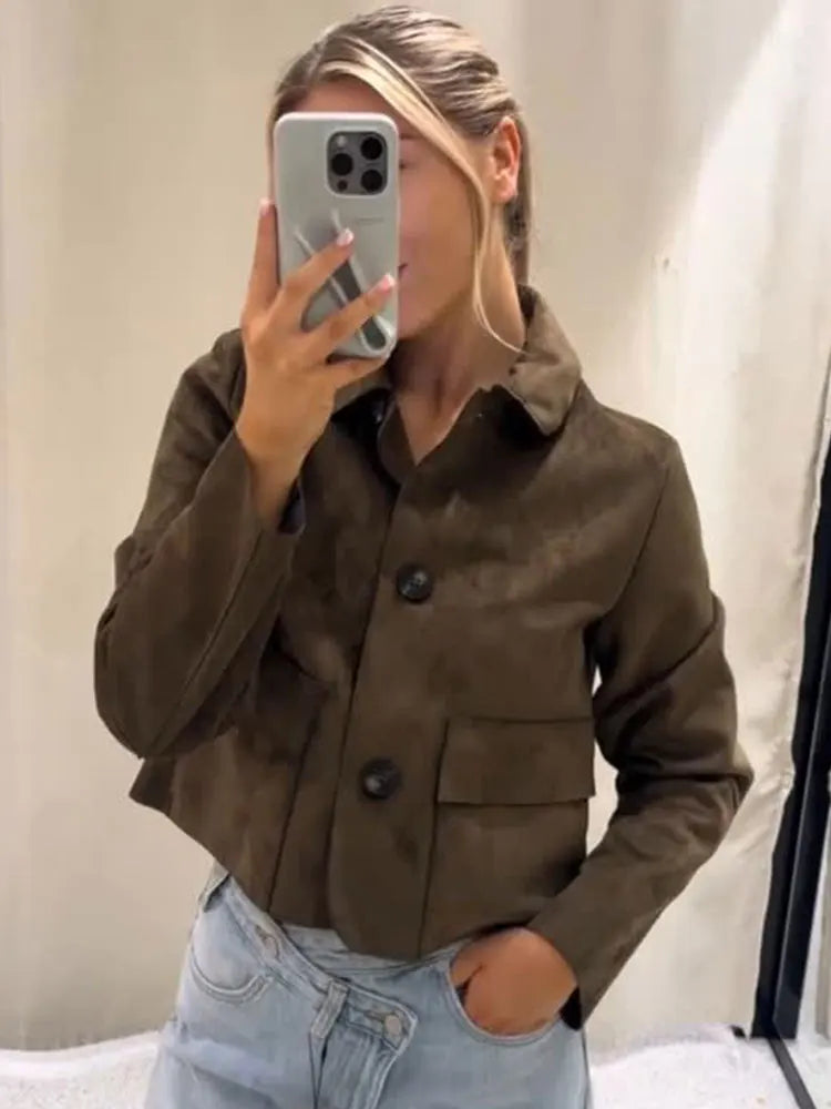 HH Donna Vintage Solid Suede Cappotto Risvolto Monopetto Manica Lunga Giacca Con Tasche Autunno Casual Outwear Giacche Corte