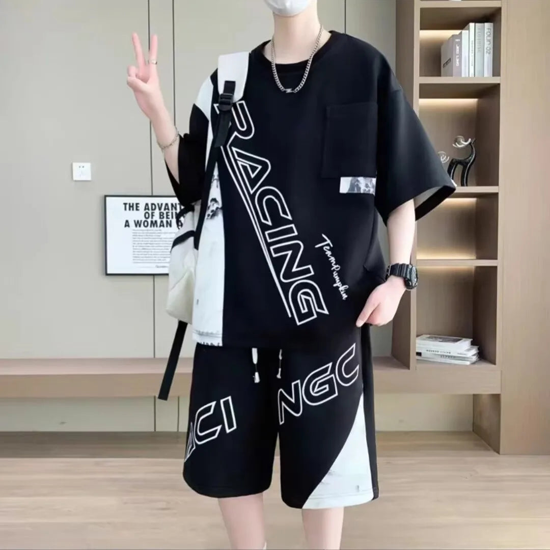 Completo estivo da uomo taglie S-6XL, nuovo set di tendenza a due pezzi, maglietta e pantaloncini in stile coreano, abbigliamento firmato da uomo.