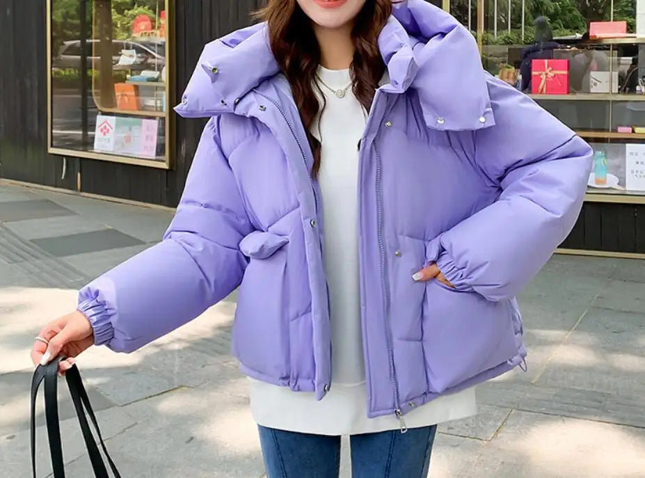 New Winter Fashion Long Sleeve Stand Up Collar Zipper Loose Solid Color Thick Hooded Down Jacket For Women,7 Colors