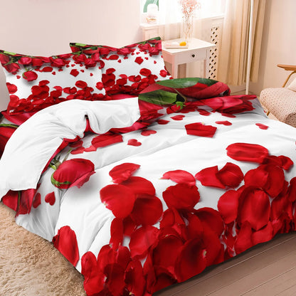 Set copripiumino da 3 pezzi con motivo romantico di rose e lettere a tema amore per San Valentino, adatto per camera da letto e camera degli ospiti.