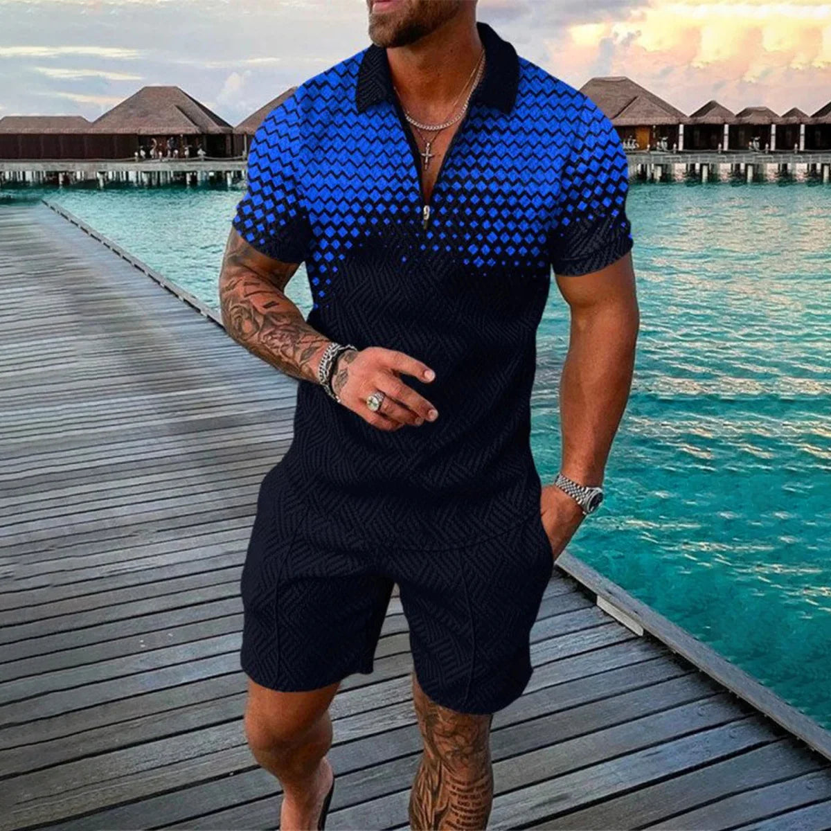 Completo estivo da uomo con stampa 3D, composto da polo con cerniera e pantaloncini, 2 pezzi, stile boho geometrico, abbigliamento per le vacanze.