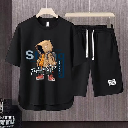 Completo estivo da uomo color kaki, stile americano, con t-shirt e pantaloncini stampati a cartoni animati, set di 2 pezzi, maglia a nido d'ape traspirante, abbigliamento sportivo da uomo.