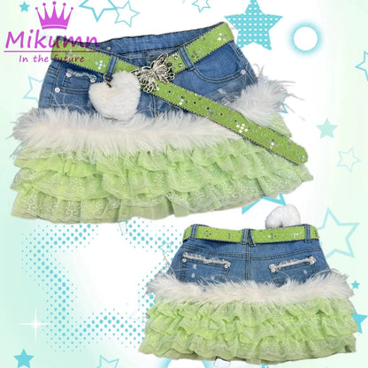 Mikumn Japanese Y2K Aesthetic Vintage Low Waist Lace Patchwork Denim Skirt Harajuku Girls Kawaii Pink Purple Green Cake Skirts