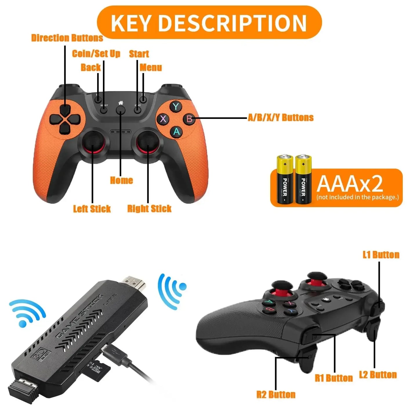 X2 Ultra Pro Retro Game Stick 64GB/128GB Console di gioco portatile con video 4K e controller wireless, compatibile con i formati di gioco FC e GBC.