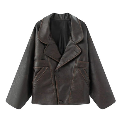 2025 Autumn American Retro Women Washing Black PU Leather Jacket Lapel 3 Buttons Full Sleeve Oversize Coat Loose Short Outerwear