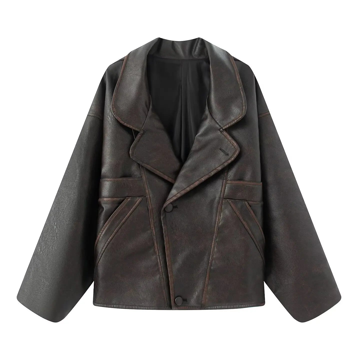 Giacca da donna americana retrò autunno 2025 in ecopelle nera lavabile, con revers, 3 bottoni, maniche lunghe, cappotto oversize, ampio e corto.
