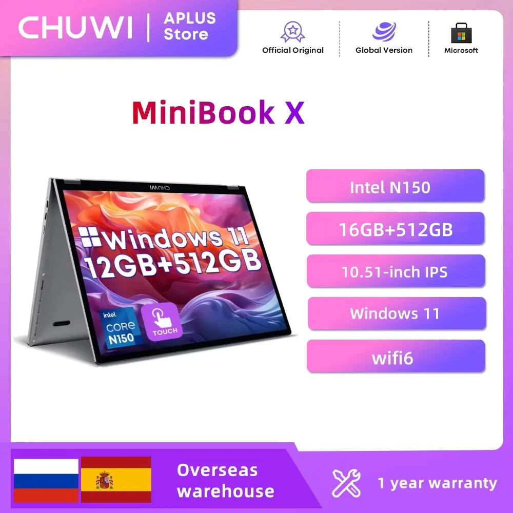 CHUWI MiniBook X Laptop 2-in-1 Intel N150 (fino a 3,6 GHz) 512 GB ROM 16 GB LPDDR5 Display IPS 2K FHD da 10,51" Windows 11