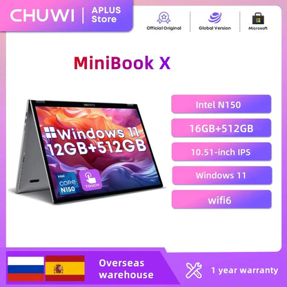 CHUWI MiniBook X Laptop 2-in-1 Intel N150 (fino a 3,6 GHz) 512 GB ROM 16 GB LPDDR5 Display IPS 2K FHD da 10,51" Windows 11