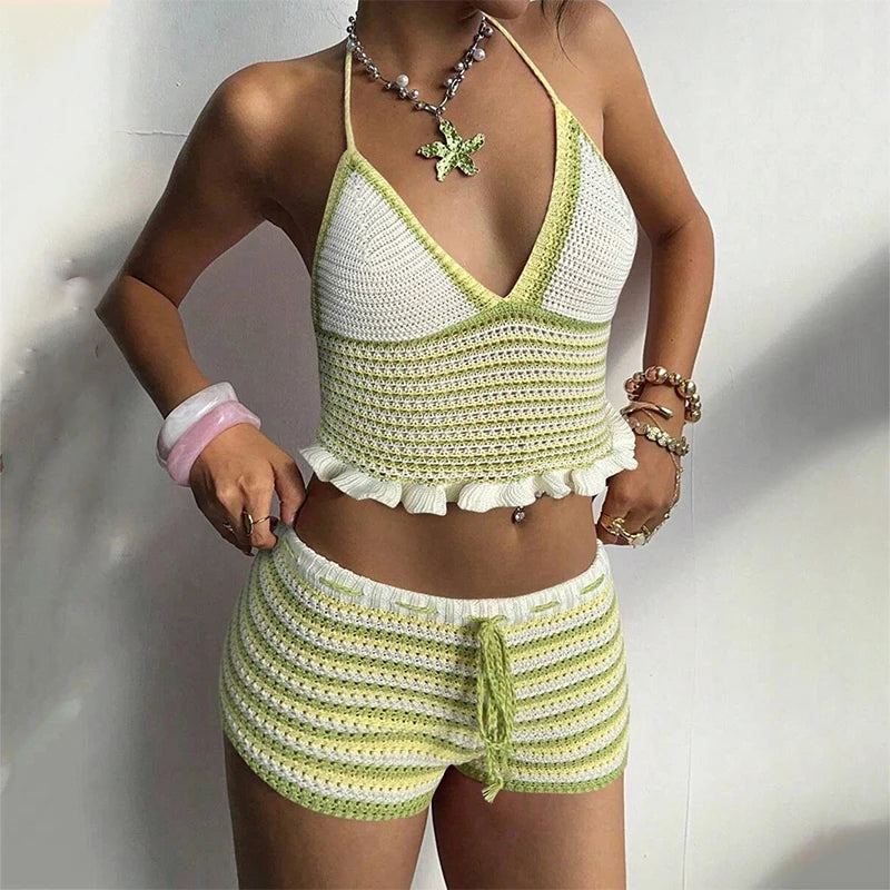 Completo da spiaggia sexy da donna in maglia, senza schienale, scollo a V profondo, senza maniche, top corto, pantaloncini, completo estivo da donna a righe, 2026