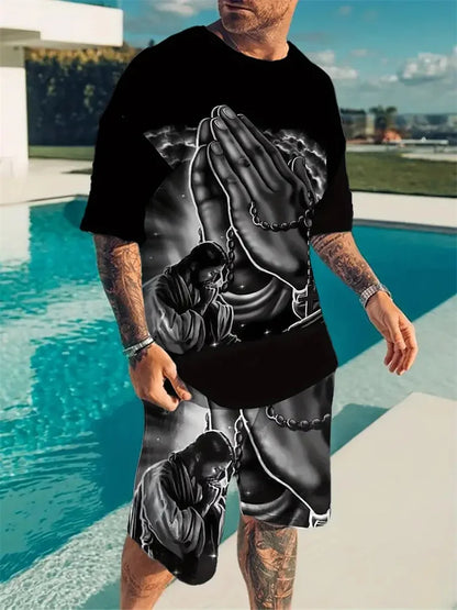 Vacation Casual Short Sleeve T Shirt Outdoor Street Shorts Summer Men's Short Sleeve Shorts Set Mens Skull Printed Set Hot Model