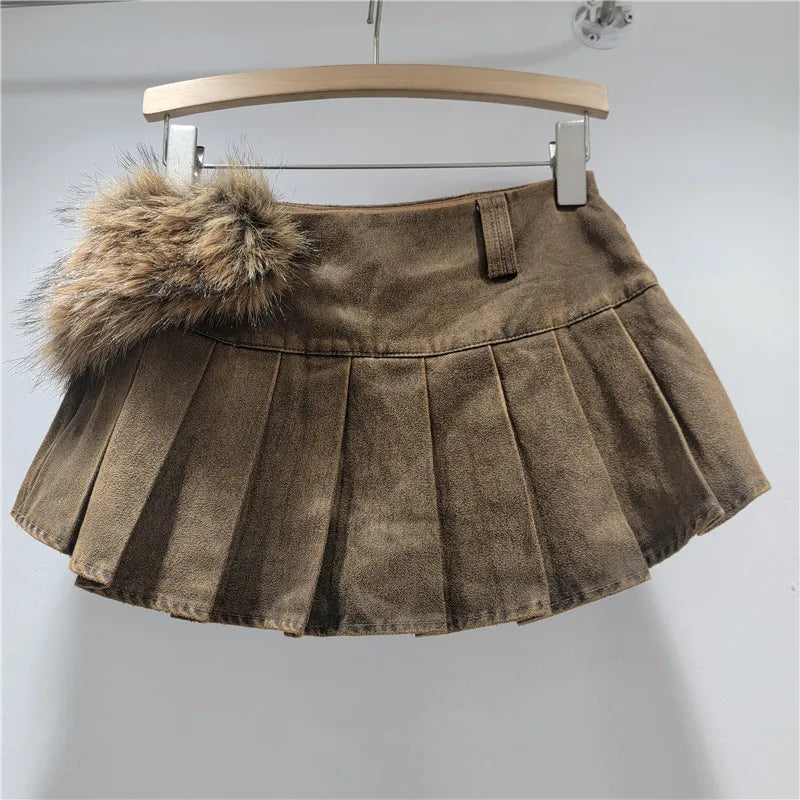 Sexy Low Waist Fuzzy Furry Blet Mini Skirt 2026 New Fashion Women Pleated Skirts Y2K