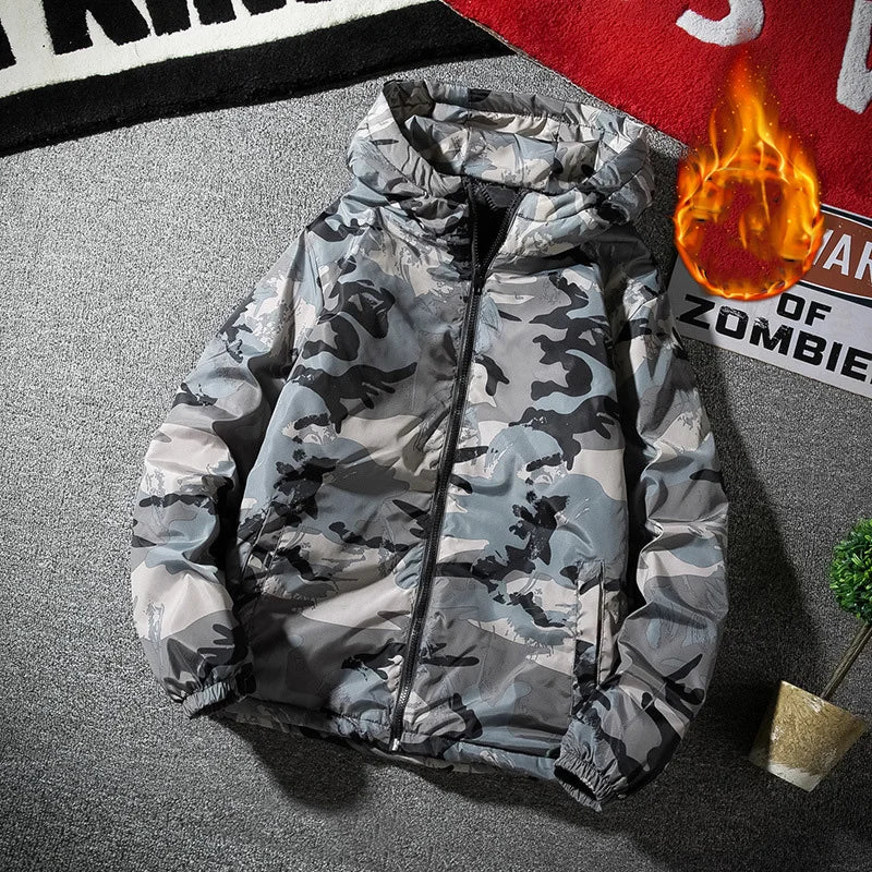 2025 Autumn Winter Men Jacket Thicken Drawing Printed Male Outerwear Long Sleeve Zipper Hooded Loose Outdoor Man Down Coat