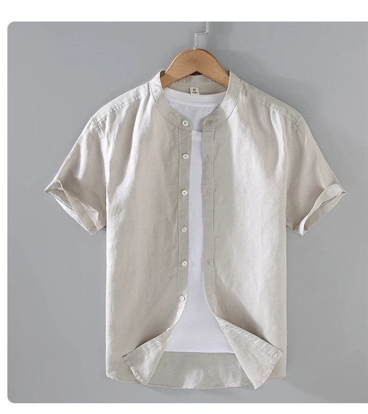 Camicia da uomo in cotone e lino a maniche corte, estiva, stile streetwear, tinta unita, collo alto, casual, stile spiaggia, taglie forti dalla M alla 3XL