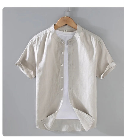 Camicia da uomo in cotone e lino a maniche corte, estiva, stile streetwear, tinta unita, collo alto, casual, stile spiaggia, taglie forti dalla M alla 3XL