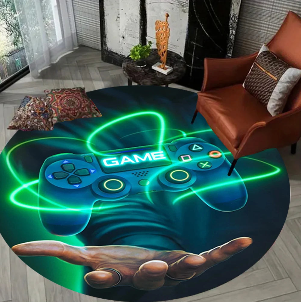 Tappeto rotondo per gamer, ideale per soggiorno e camera da letto, perfetto per creare un'atmosfera da gaming. Facile da pulire.