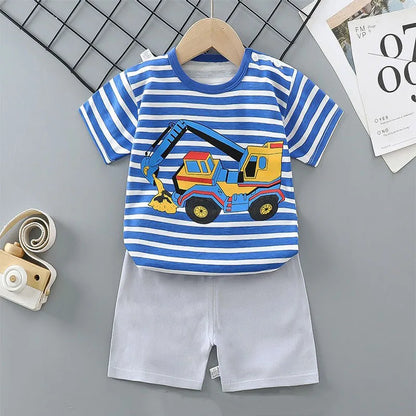 Completo pigiama 2 pezzi maglietta + pantaloncini in cotone con orsetto e dinosauro dei cartoni animati per bambini e bambine, tuta estiva casual per bambini e bambine da 1 a 4 anni