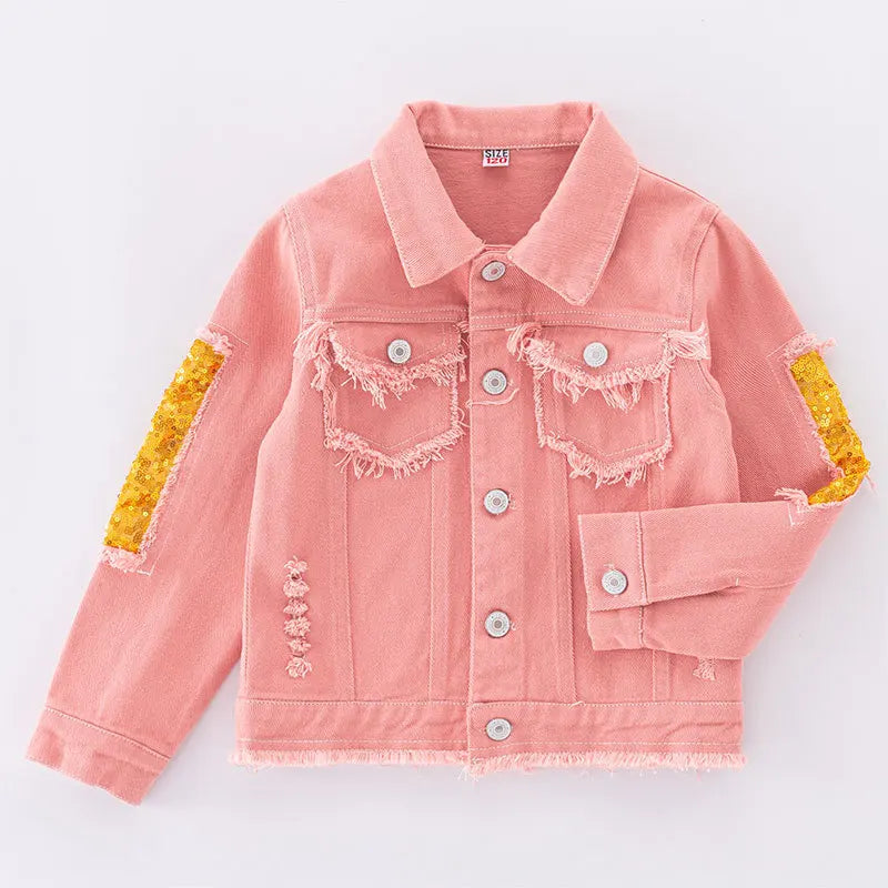 Giacca di jeans per ragazze adolescenti dai 5 ai 12 anni, nuova moda, rosa con paillettes arcobaleno, cappotto in jeans per ragazze, primavera autunno, capospalla per bambini