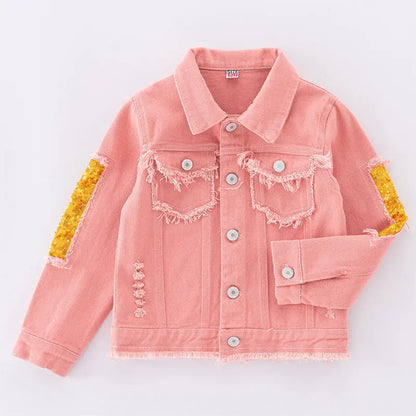 Giacca di jeans per ragazze adolescenti dai 5 ai 12 anni, nuova moda, rosa con paillettes arcobaleno, cappotto in jeans per ragazze, primavera autunno, capospalla per bambini