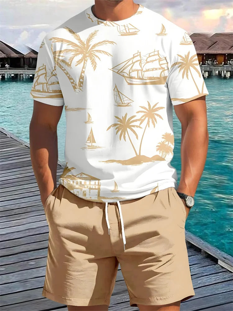 Completo estivo casual da uomo composto da 2 pezzi: pantaloncini a maniche corte con stampa hawaiana, t-shirt da uomo e pantaloncini da spiaggia per sport all'aria aperta.
