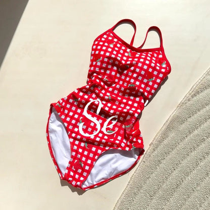 Red Strawberry Plaid Speed Suit Swimming Suit Women's Conservative One-Piece Swimsuit Quick-Dry High Elasticity Backless