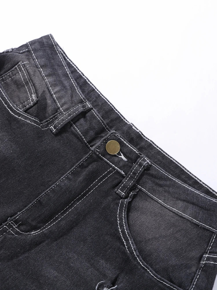 Jeans da donna strappati, aderenti, a vita bassa, skinny, con cerniera e tasche, pantaloni in denim blu da donna, modello Y2K 2026, estivi, con buchi e cropped.