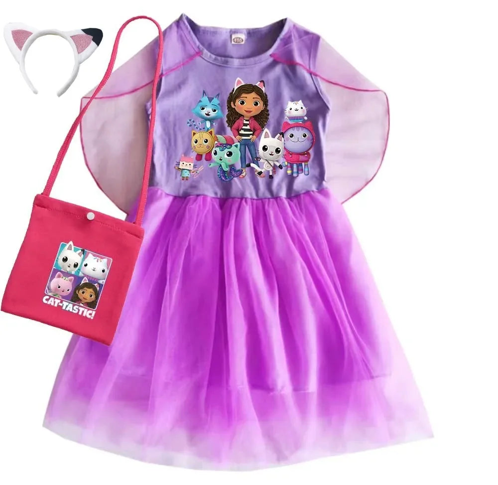 Mochila Gabby's Dollhouse Dress Bambini Gabbys Chat Vestiti Ragazze Manica corta Abiti casual Bambini Matrimonio Principessa Abiti