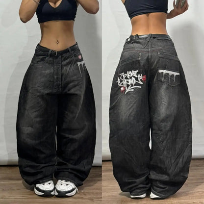 2024 Nuova tendenza americana 2024 Jeans larghi con ricamo hip-hop retrò per uomo e donna Y2K Harajuku Gothic Streetwear
