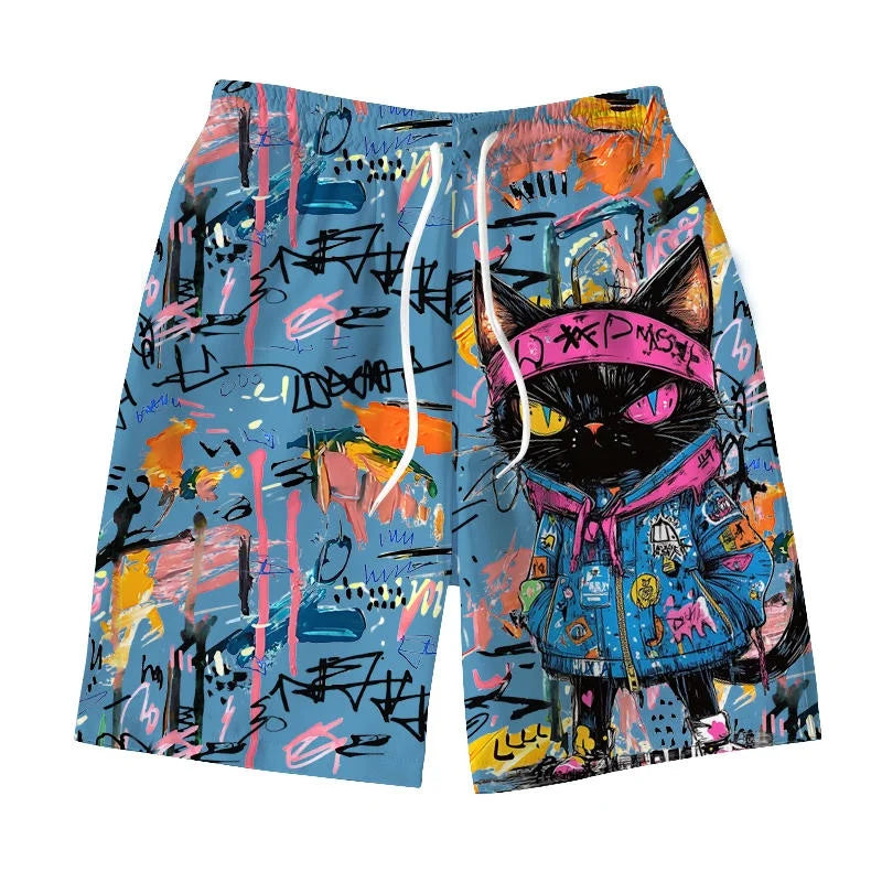 Pantaloncini da uomo con stampa 3D di gatto graffiti colorato, simpatici pantaloncini da spiaggia con motivo animale, estivi, casual, traspiranti, ideali per la città.