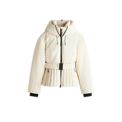 Women Hooded Tie-Waist Ski Suit Pink Flared Leg Fur Trim Water-Resistant Fabric 2025 Winter Outerwear Fashion Sweet Snow Suit