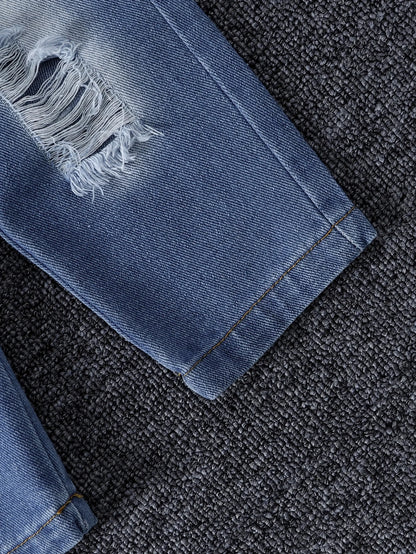 Completo in denim per bambini primavera autunno, design con strappi, giacca in jeans ampia con chiusura a bottoni, versatile, resistente all'usura, stile street.