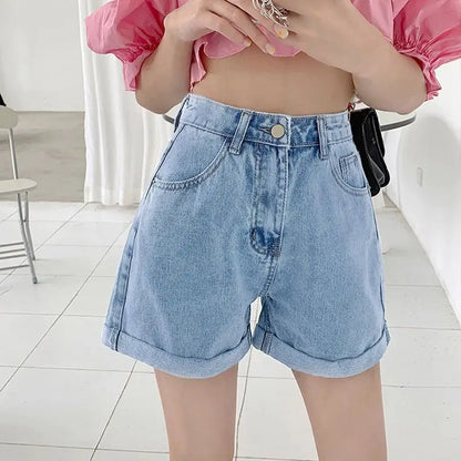 Light Blue High Waist Wide Leg A- Line Shorts Women's Denim Cuffed Hot Pants Design Sensation Casual Korean Style Cotton Shorts