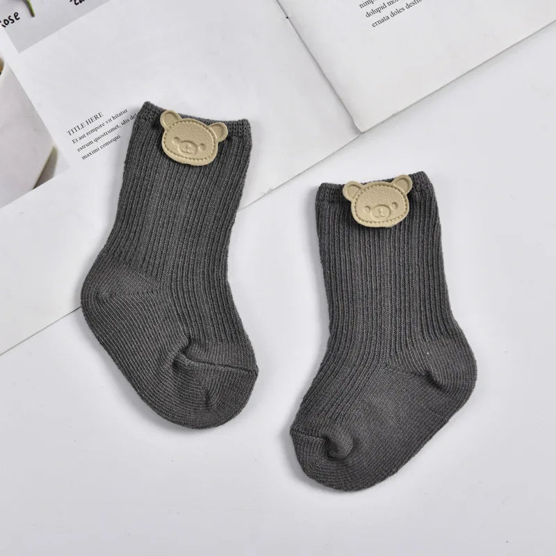 Calzini per neonati con orsetto, caldi per le gambe, autunnali, lunghi, in cotone morbido, tinta unita, primi passi, calzatura per neonati.