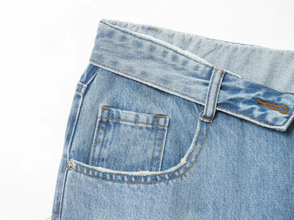 ETJ 2025 nuovi jeans da donna street fashion a vita media con risvolto, lavati e strappati, versione ampia dei pantaloni lunghi fino al pavimento