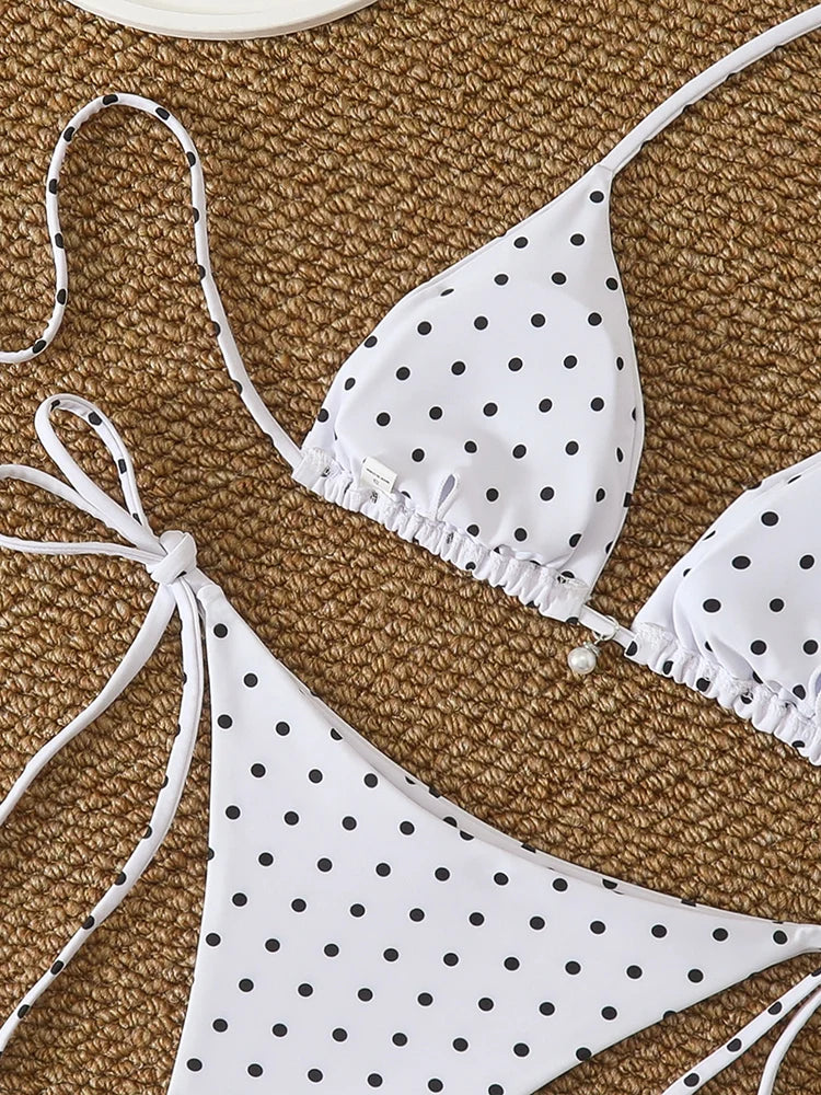 Set di micro bikini sexy con stampa a pois e perle, costume da bagno 2026, abbigliamento da spiaggia per donna, bikini estivo da spiaggia, costume da bagno a due pezzi