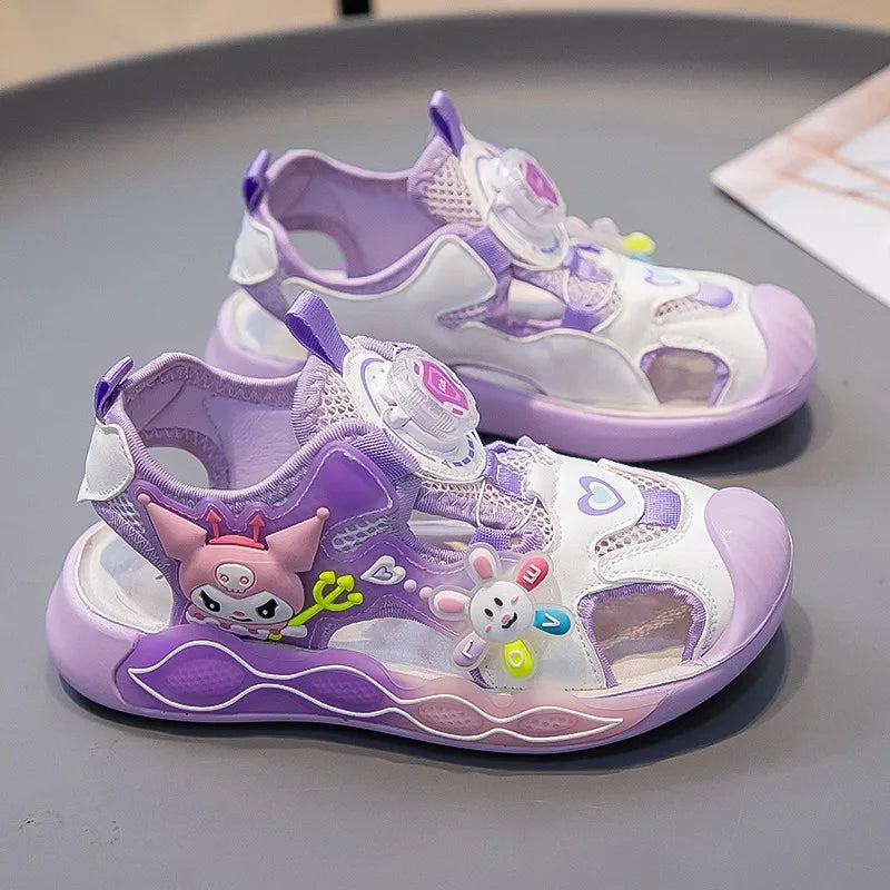 Sandali da bambina in pelle sintetica PU con stampa a cartoni animati, estivi, alla moda, con suola piatta, traspiranti e antiscivolo, rosa e viola, taglie 26-37.