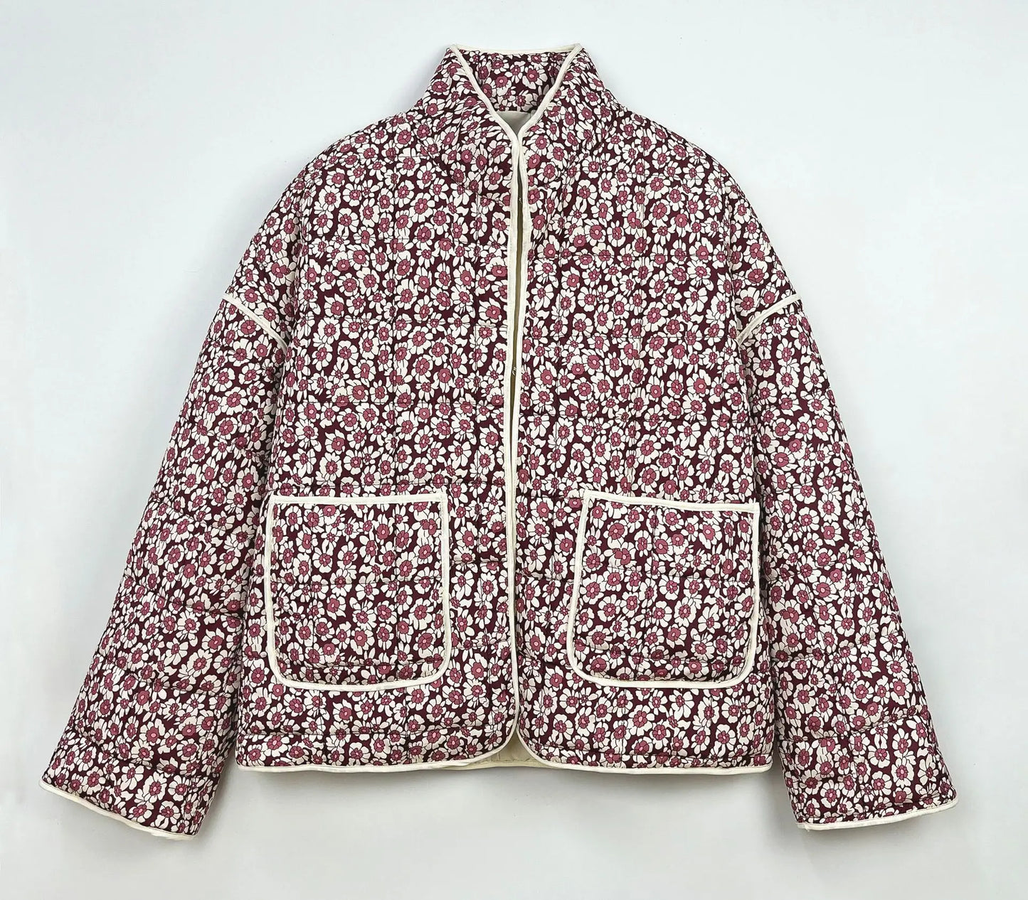 Vintage Floral Cotton Padded Jacket Trendy Pocket Splic Stand Neck Casual Winter Coats For Women 2024 New In Coats & Jackets