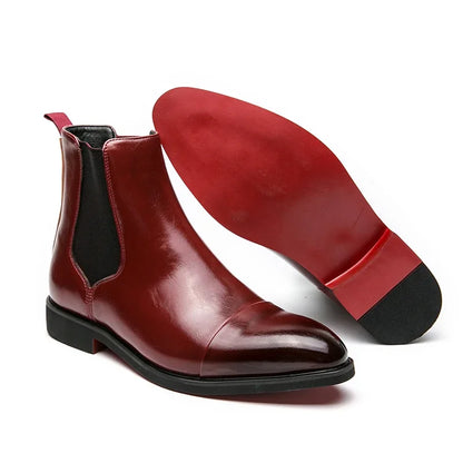 Stivali Chelsea da uomo con suola rossa, scarpe eleganti nere da uomo con punta a punta, stivali corti da uomo alla moda in Inghilterra.