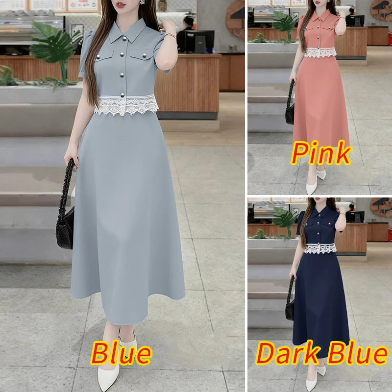 ZANZEA Elegante abito in pizzo da donna, completo con camicie a maniche corte e gonne lunghe, casual, 2 pezzi, stile coreano, stile streetwear, 2 pezzi