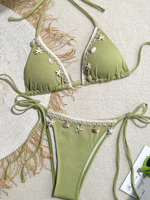 Women's Sexy Halter Triangle Bikini Top 2025 New Arrival Swimwear with Shell & Starfish Design Trendy Beachwear Two Pieces Bikin