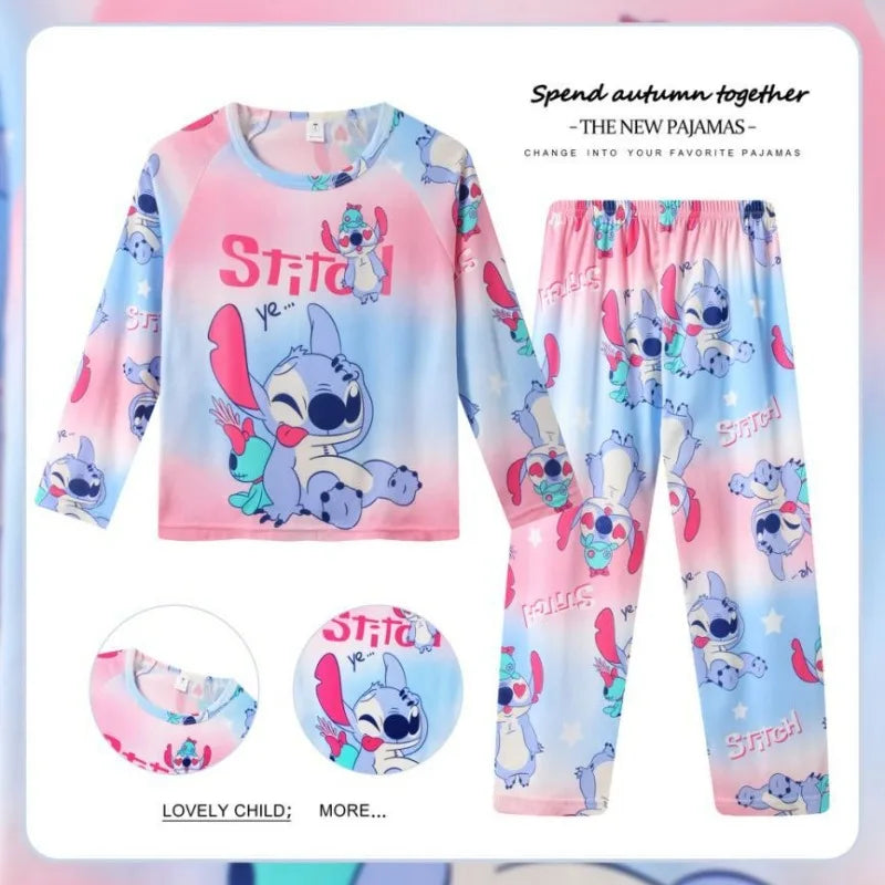 Pigiama per bambini dai 2 ai 14 anni, completo a maniche lunghe per primavera e autunno, set pigiama per bambini con motivo a cartoni animati Stitch, abbigliamento da casa comodo e casual per ragazzi e ragazze.