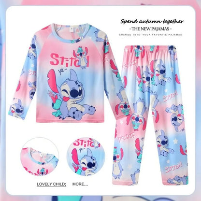 Pigiama per bambini dai 2 ai 14 anni, completo a maniche lunghe per primavera e autunno, set pigiama per bambini con motivo a cartoni animati Stitch, abbigliamento da casa comodo e casual per ragazzi e ragazze.