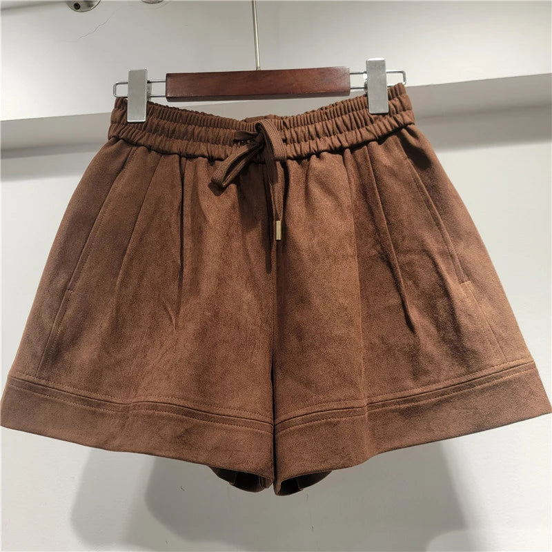 DEAT Fashion Loose Zipper Suede Short Coat For Women Drawstring Elastic Wasit Wide Leg Shorts Female Trendy 11A06048